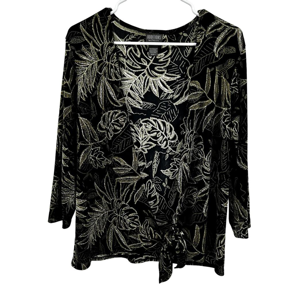 Additions By Chico's Floral Wrap Cardigan Unlined V Neck Tropical Black 1 M